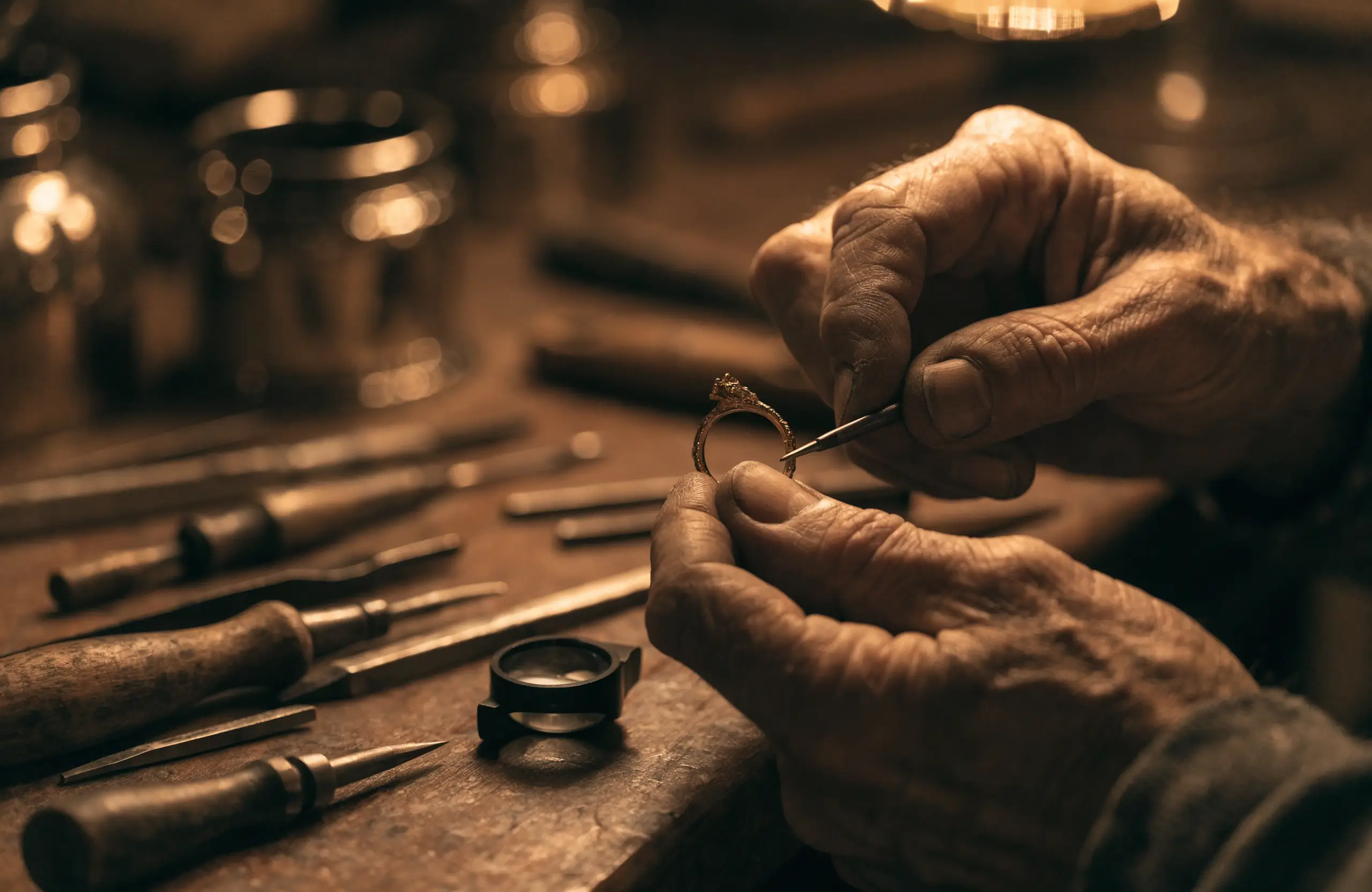A master jeweler's hands shaping a gold ring at his workbench
