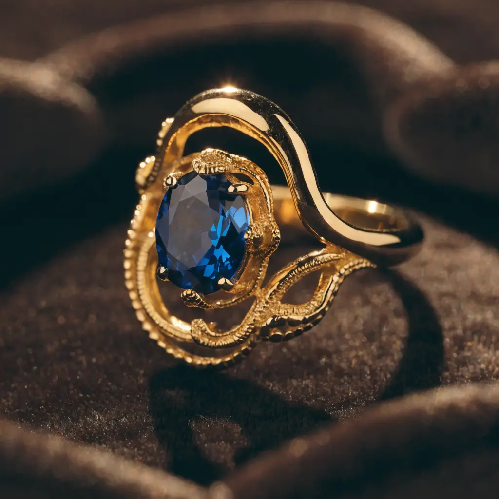 Hand-made gold cocktail ring set with a blue sapphire