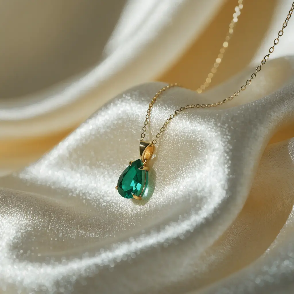 Gold pendant necklace with an emerald drop