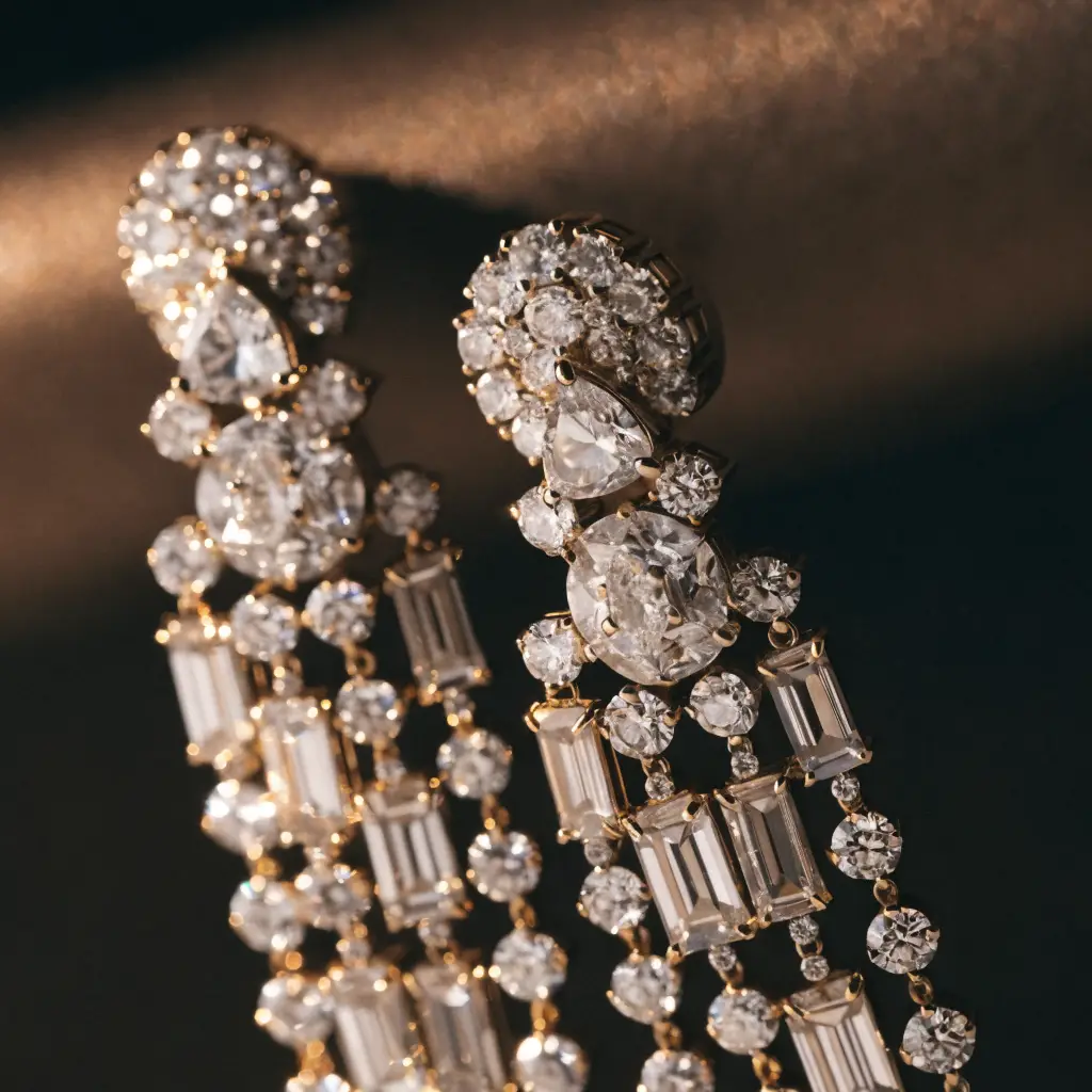 Gold chandelier earrings set with diamonds
