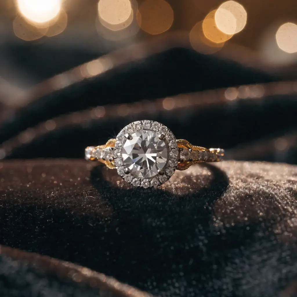 Vintage-inspired diamond halo engagement ring