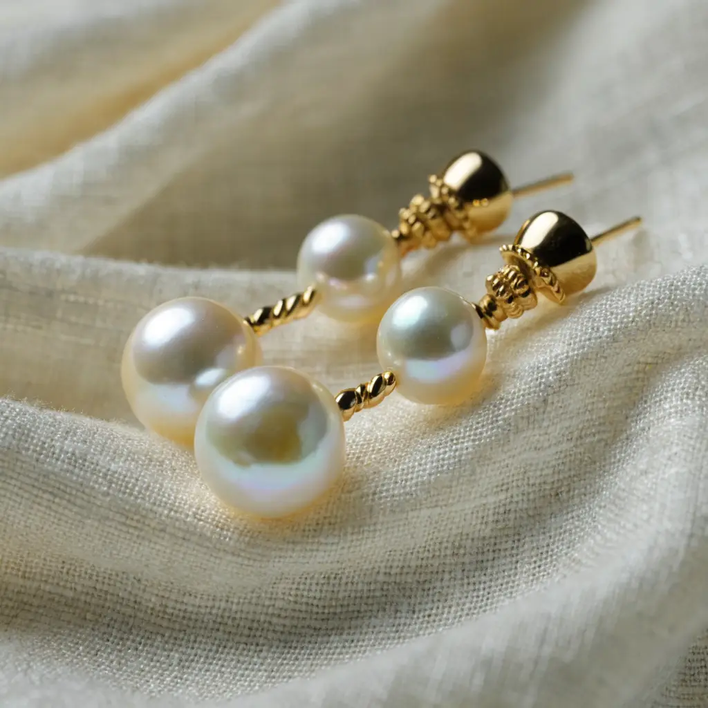Pearl and gold drop earrings representing designer galleries