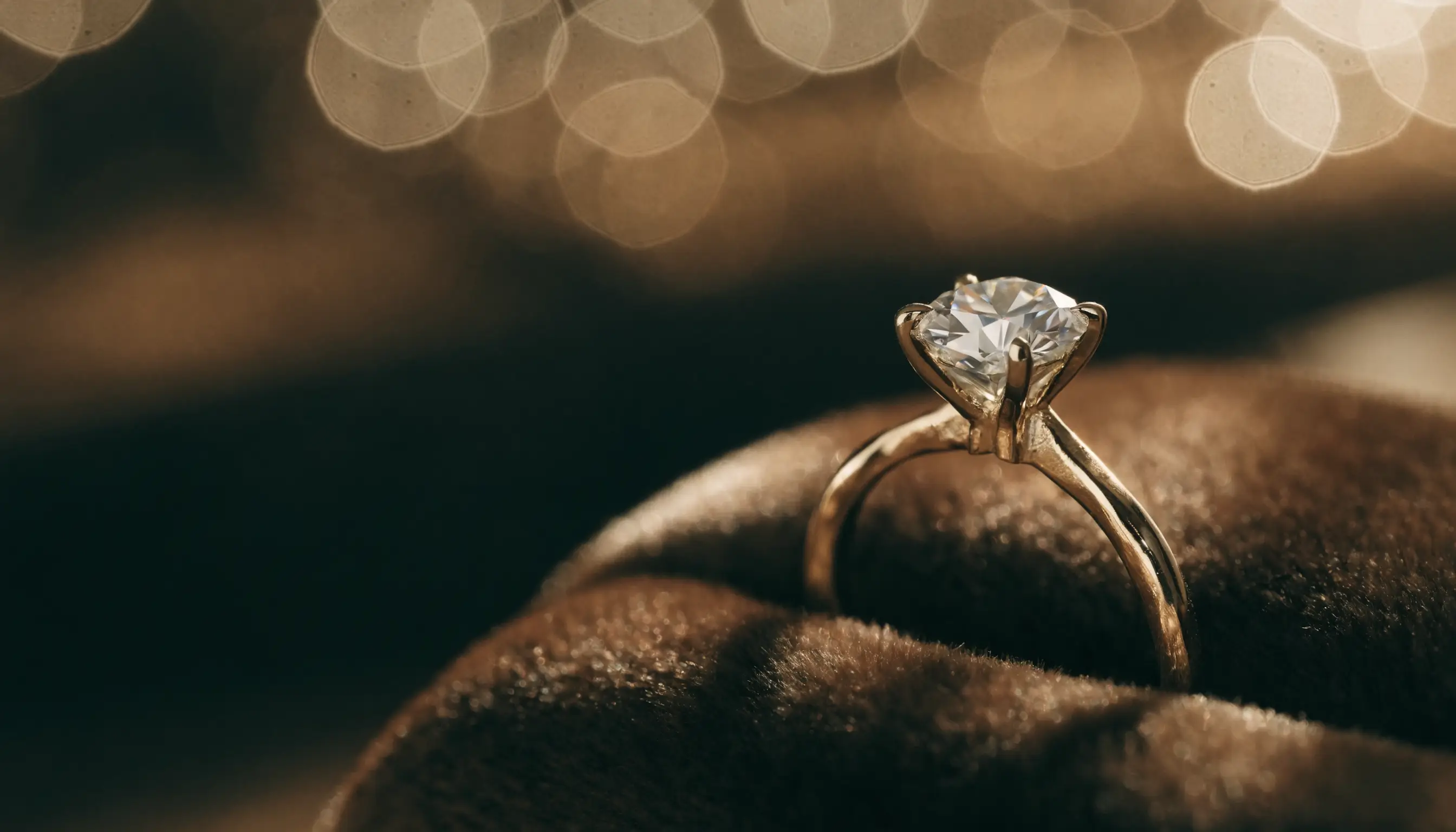 A handcrafted gold solitaire diamond ring resting on dark velvet