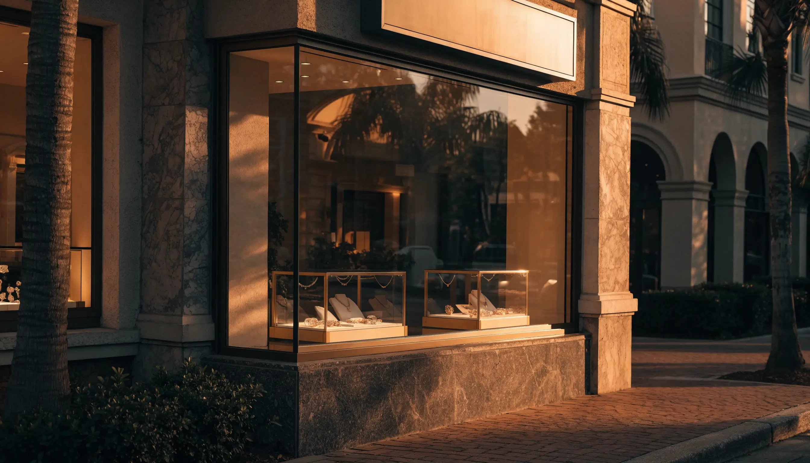 The José Aragón Jewelers storefront in Old Naples at dusk